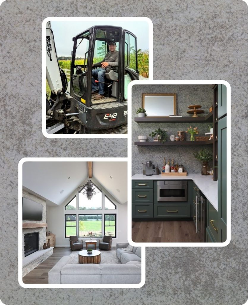 dan on bulldozer and photos of a pantry and a living room